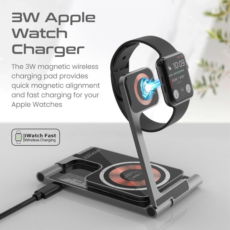 Promate AURAFOLD-TRIO 3-in-1 Ultra-Slim Foldable 15W Magsafe Wireless Charging Station. 3W Apple WatchCharger.5WAirpods Wireless Charger. Pocket-Sized Foldable Design. Includes 1m Cable. USB-C Port.
