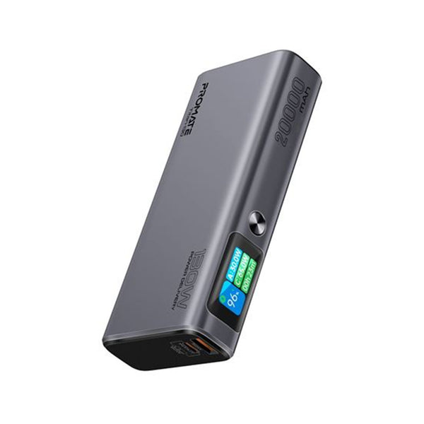 Promate TITAN-130 20000mAh 130W Sleek PD Aliminium Power Bank with LCD Screen. Supports 1x60W & 1x 100W USB-C Ports & 1x 30W QC USB-A Port. Charge 3x Devices at the Same Time.