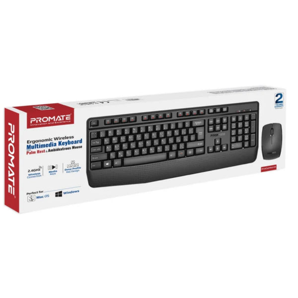 Promate Ergonomic Wireless Multimedia Keyboard & Mouse Combo - Black