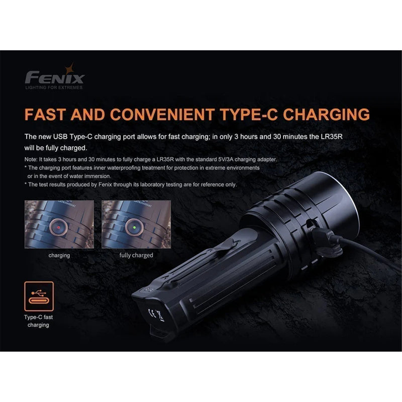 Fenix Search & Rescue LR35R Rechargable LED Torch Max 10,000 Lumens, Head: 2.03" (51.5mm), Powered by 2 x 21700 4000mAH Li-ion Batteries (8000mAh total), Flashlight & Torch, 2 x 21700 4000mAH Li-ion Batteries and USB Charging Cable are Incl
