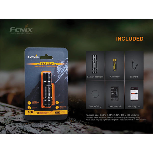 Fenix Everyday Carry Torch E12 V2.0 Mini Keychain Flashlight Max 160 Lumens, Head: 0.75" (19mm), Powered by 1 x AA Alkaline Battery. One-Hand Operate by Tail Switch, 1 x AA Battery is Included. 5 Years Free Repair Warranty (Battery for 1 ye