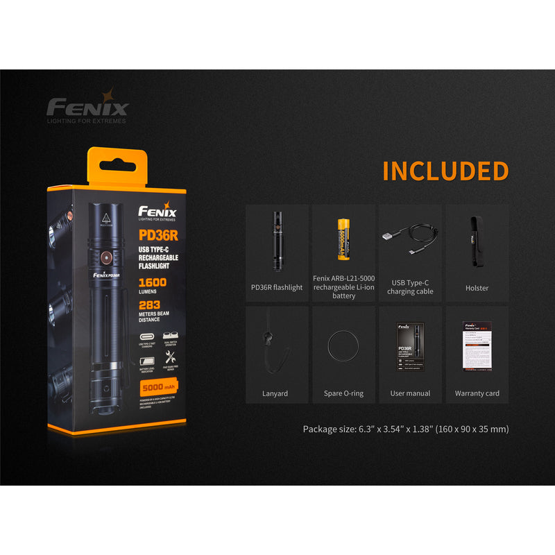Fenix Tactical & Ourdoor Flashlights PD36R Rechargeable LED Torch Max 1,600 Lumens, Head: 1.0" (25.4mm), Powered by 1 x 21700 5000mAH Li-ion Rechargeable Battery Included, Comes with USB-C Charging Cable - 5 Years Free Repair Warranty