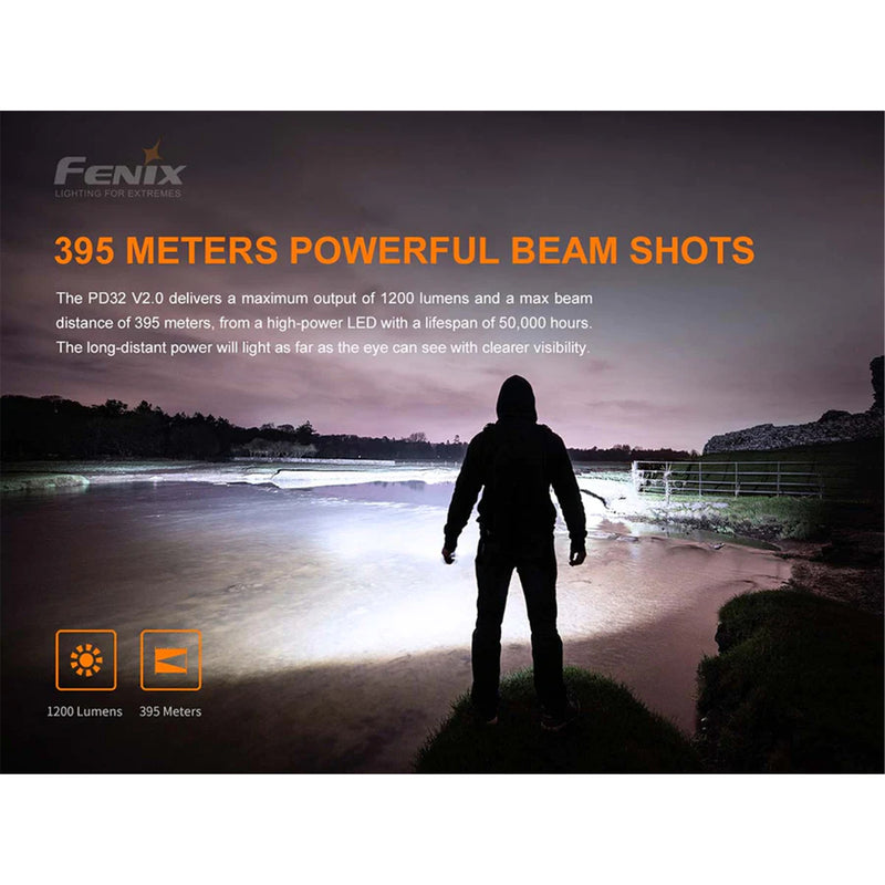 Fenix Tactical & Ourdoor Flashlights PD32 V2.0 Rechargable LED Torch Max 1,200 Lumens, Head: 1.0" (25.4mm), Powered by 1 x 18650 Li-ion Battery or 2 x Disposable CR123A Batteries (NOT Included), Compact with Multi-Function Tail Switch, 5 Ye