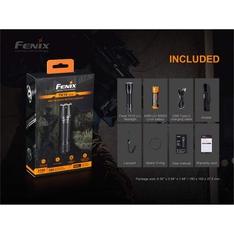 Fenix Tactical Flashlights TK16 V2.0 Rechargable LED Torch Max 3,100 Lumens, Head: 1.34" (34mm), Powered by 1 x 21700 5000mAH Li-ion Battery, One-Handed Operation, Compact, Structure, Build-In USB-C Charging Port, Charging Cable and Battery