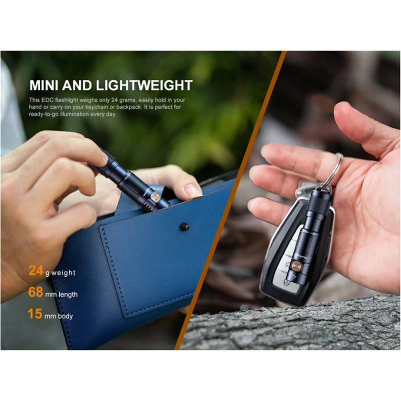 Fenix Everyday Carry Torch E05R Mini Keychain Flashlight Max 400 Lumens. Black, Head: 0.60" (15.3mm), Build-In 320mAH Li-polymer Battery & MicroUSB Charging Port, Aluminum, Metal Switch Operation, Micro USB Charging Cable is Included. 2 Yea