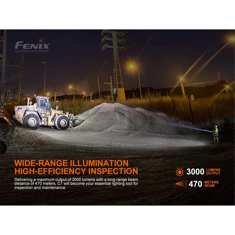 Fenix Work & Professional C7 Rechargeable Searchlight Max 3,000 Lumens, Powered by 1 x 21700 5,000mAh Li-ion Batteries, Build-In USB Type-C Charging Port, Batteries is Included. Magnetic Base for Hands-Free Use. 5 Years Free Repair Warranty