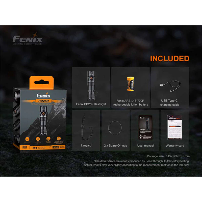 Fenix Outdoor & EDC PD25R Rechargeable Flashlight Max 800 Lumens, Head: 0.94" (24mm), Powered by 1 x 16340 700mAh Li-ion Battery (Included), Build-In USB-C Charging Port, USB Charging Cable is Included. 5 Years Free Repair Warranty (Battery