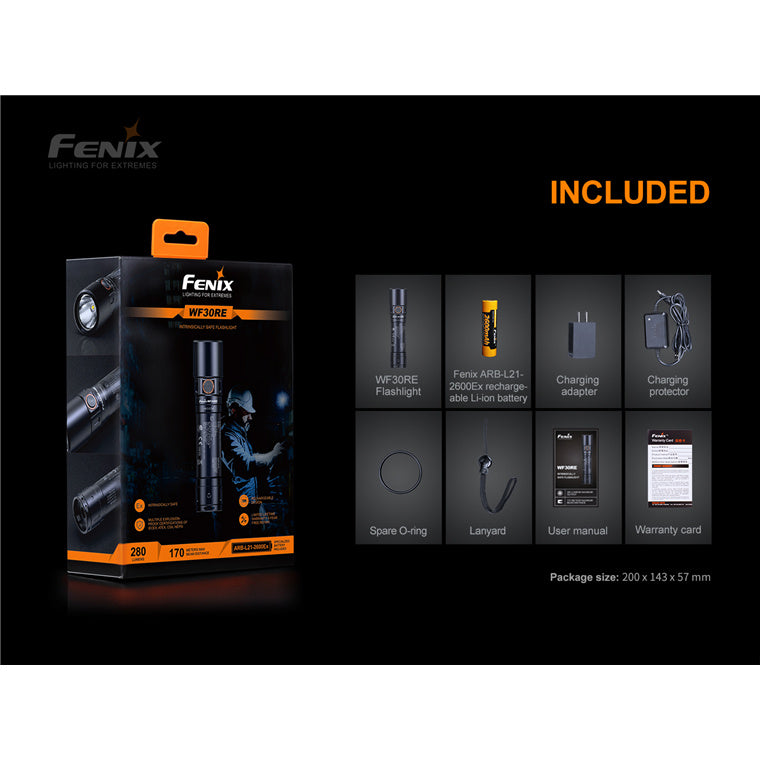 Fenix Explosion-Proof WF30RE Intrinsically Safe Flashlight Max 280 Lumens. Black, Cerfified by IECEx, ATEX, SGS and NEPSI, Power by 1x Explosion Resistant Rechargeable Li-ion Battery (Included). Comes with Charging Adapter and Charging Prot
