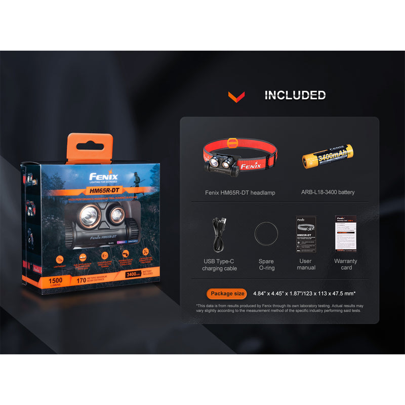 Fenix Camping & Hiking HM65R-DT Black Rechargeable LED Headlamp Reach Up to 1,500 Lumens Headlamp, Trail Running, Jogger LED Headlamp, Powered by 1 x 18650 3,400mAH Li-ion Battery & USB-C Charging Cable are Included. 5 Years Free Repair War