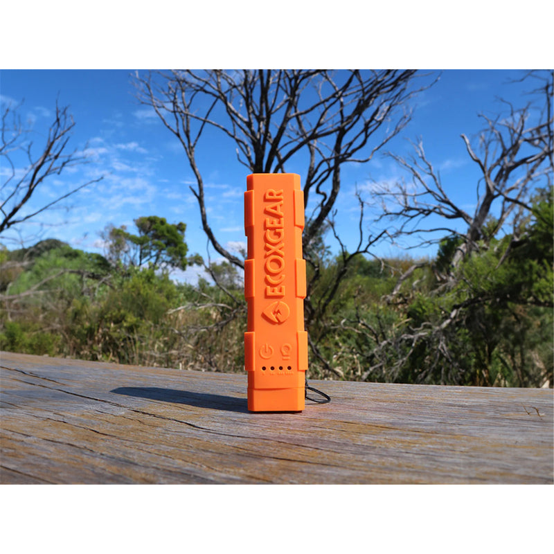 ECOXGEAR EcoXCharge+ Orange waterproof 3200mAh power bank with built-in 150 Lumen LED flashlight