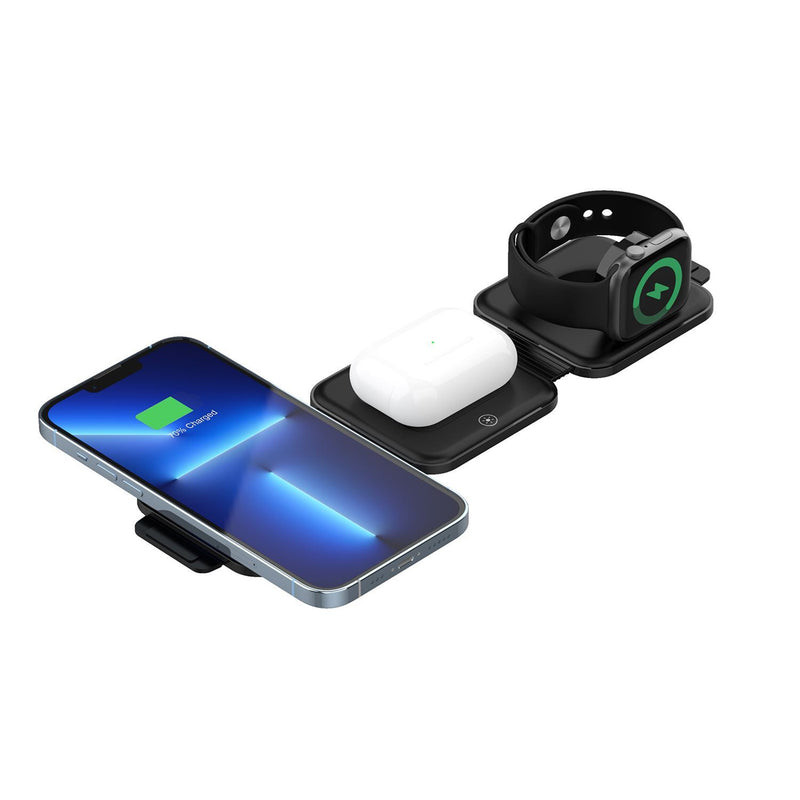 Unitek P1223A 15W Travel MagCharge 3-in-1 Qi Wireless Foldable Phone Charger. Small Flexible &Portable.Wireless Charge Qi Phone, Watch, & Airpods. Converts in to Stand. Includes 1m Cable. USB-C Input. Black Colour.