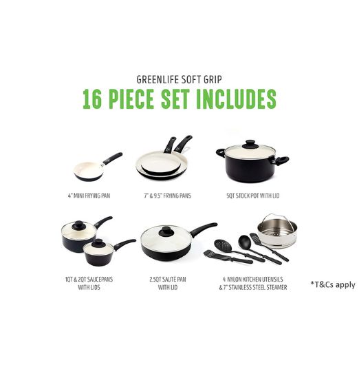 GreenLife 16pc Soft Grip Ceramic Non-Stick Cookware Set