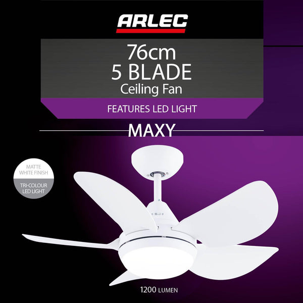 Fan Ceil White 5 ABS Blade Arlec 76CM Maxy W/Light