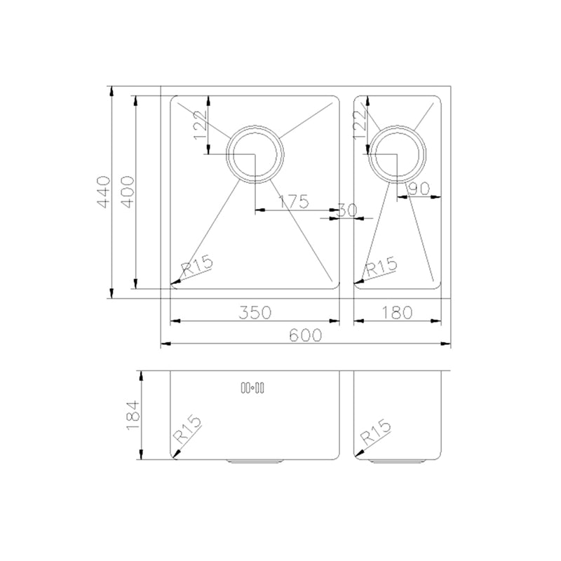 SINX 600 x 440mm Stainless Steel Handmade Double Bowl Sink