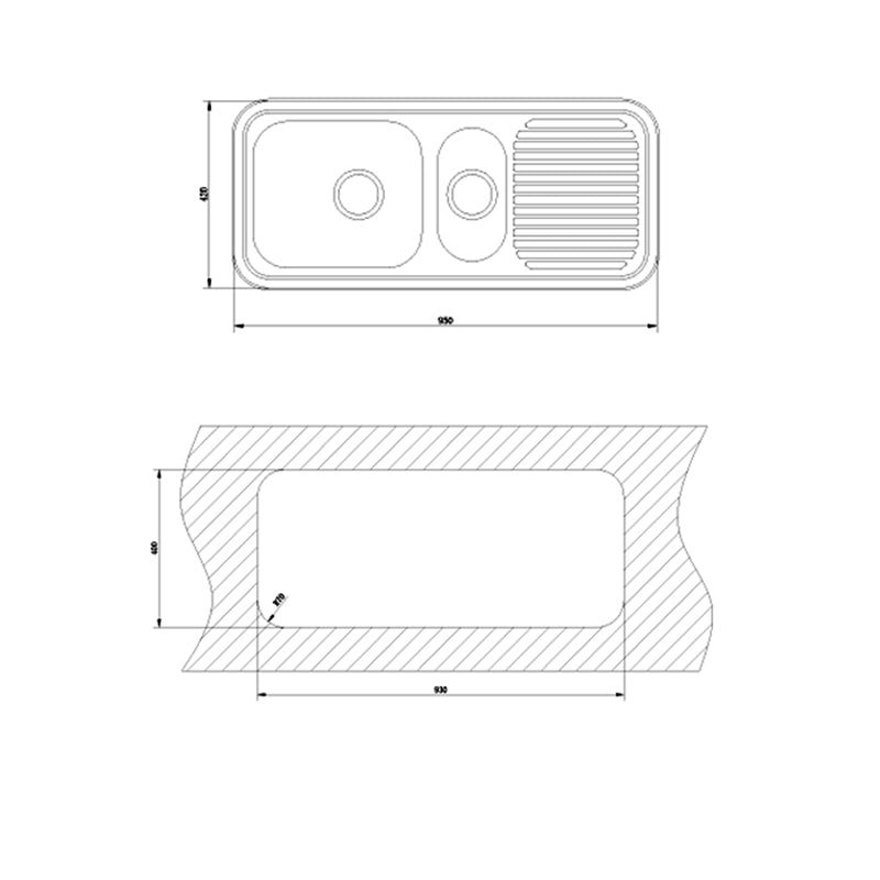 SINX 950 x 435mm Project Sink Bowl With Slim Drainer