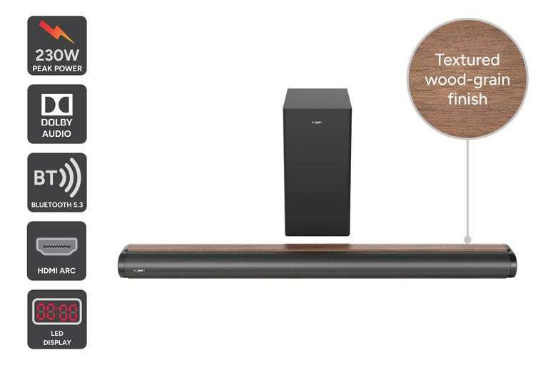 Original feature image — Kogan 3.1 Channel 230W Dolby Soundbar with Wireless Subwoofer (Wood-Grain Finish)
