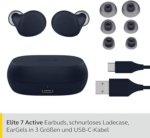 Jabra Elite 7 Active in-Ear Bluetooth Earbuds - True Wireless Sport Headphones with ShakeGrip for Secure Grip and Adjustable, Active Noise Cancellation, Dark Blue, One Size