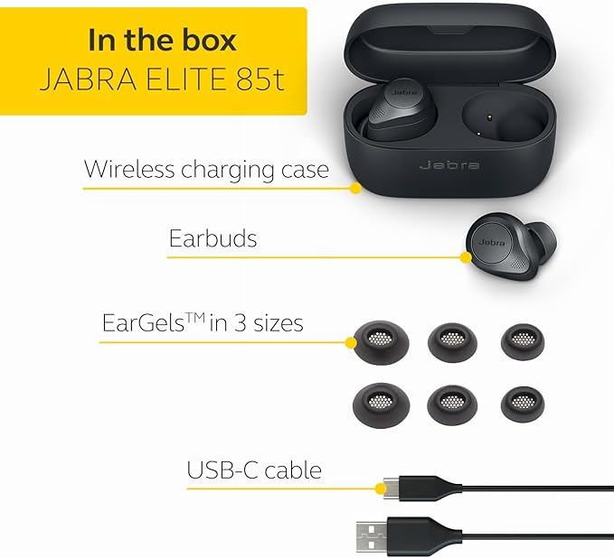 Jabra Elite 85t True Wireless Earbuds - Active Noise Cancelling Wireless Earbuds, Long Battery Life and Powerful Earphones - Wireless Charging Case - Grey