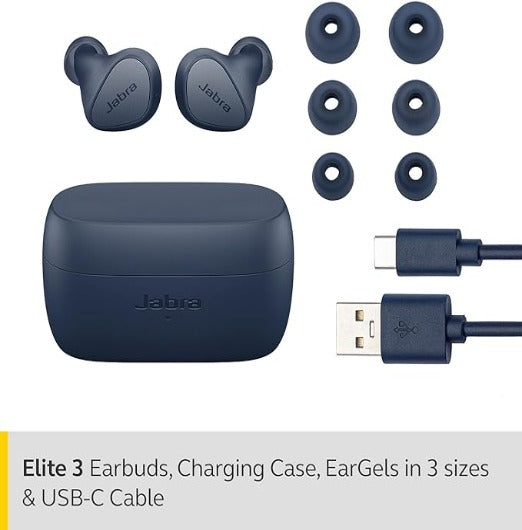 Jabra Elite 3 in-Ear Wireless Bluetooth Headset - Real Wireless Headphones with 4 Microphones and Noise Cancelling with Personalised Sound and Mono Mode - Navy