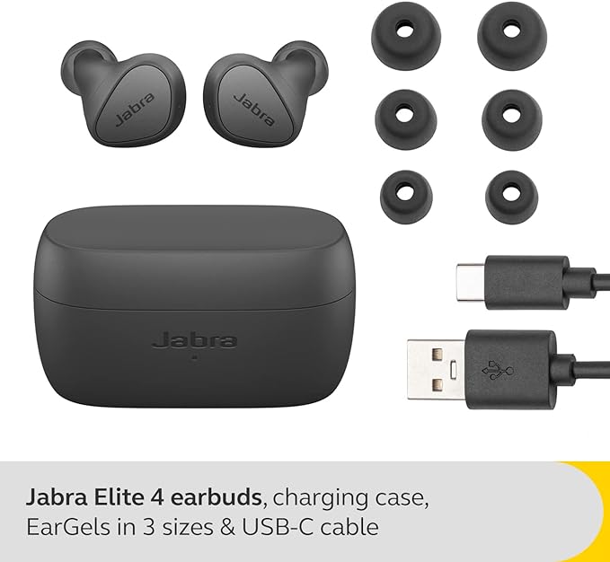 Jabra Elite 4 Earbuds with Active Noise Cancellation, Compact Wireless Bluetooth in Ear Headphones Featuring Bluetooth Multpoint and Microsoft Swift Pair - Dark Grey