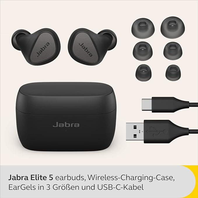 Jabra Elite 5 in-Ear Bluetooth Headphones with Hybrid Active Noise Cancelling (ANC), 6 Built-in Microphones, Ergonomic Fit, 6mm Speaker - Made for iPhone - Titanium Black