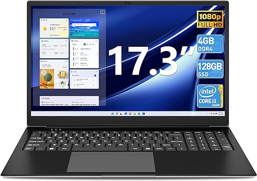 SGIN Laptop 17.3-inch Full HD 1920 x 1080 IPS Display, Intel Core i3-5005U Processor, 4GB RAM 128GB ROM, Windows 11 Home, Dual Band 5GHz WiFi, Long Battery Life, 2 * USB, Bluetooth, 512GB Expansion