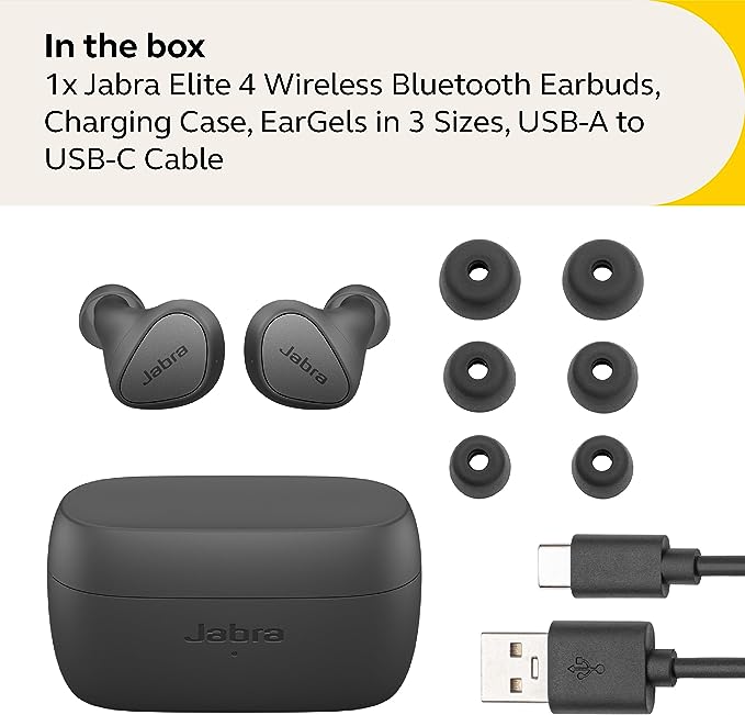 Jabra Elite 4 True Wireless Earbuds - Active Noise Cancelling Headphones - Discreet & Comfortable Bluetooth Earphones, Laptop, iOS and Android Compatible - Dark Grey
