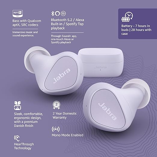 Jabra Elite 3 Earbuds Passive Noise Cancelling Bluetooth Headphones with Long Battery Life for True Wireless Calls and Music - Lilac