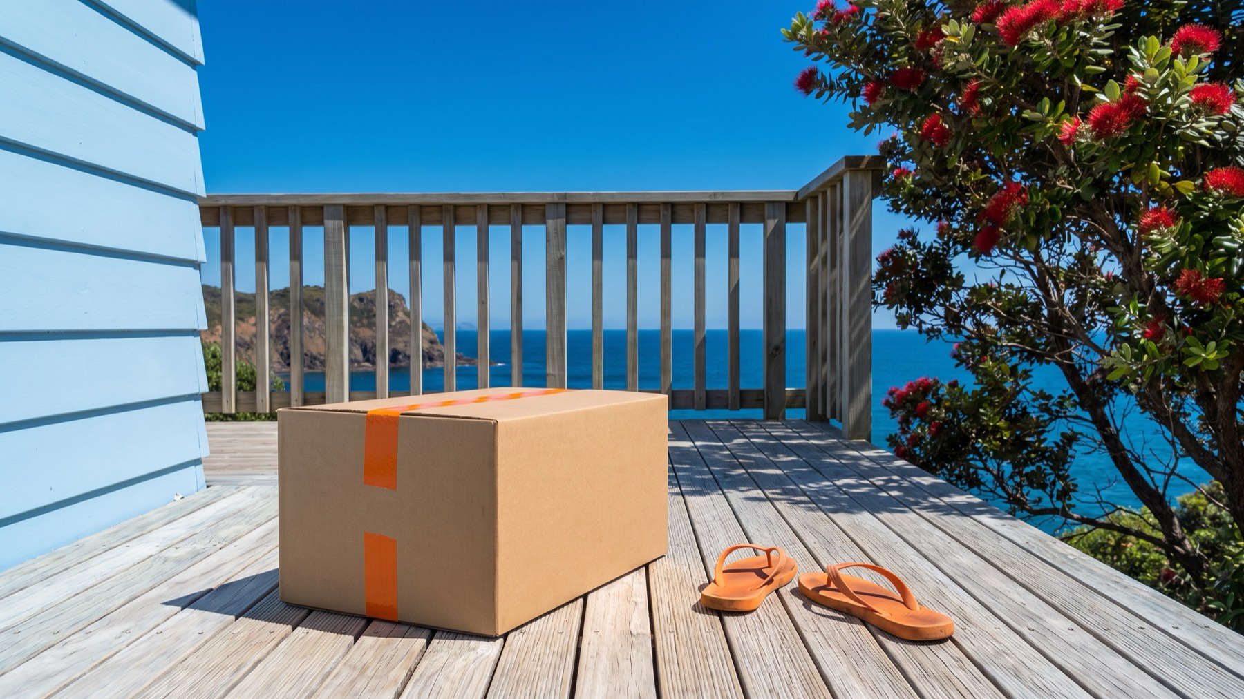A delivery box with orange tape on the sunny deck of a bach by the sea